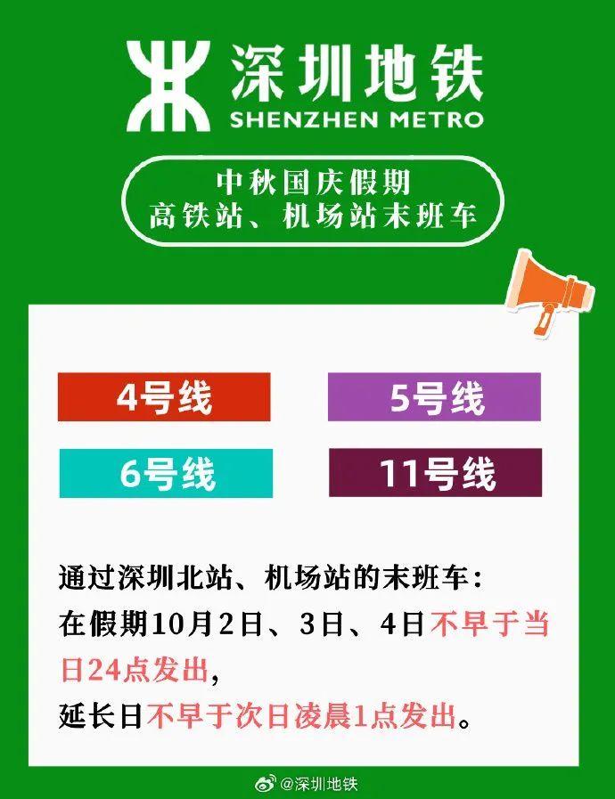 深圳地铁国庆假期运营时间有调整！